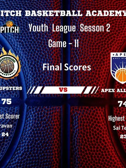 The final score from a nail-biting Game 11 of Season 2, where the Hoopsters edged out the Apex All Stars by one point.