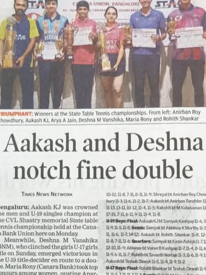 "Aakash and Deshna notch fine double." This Times of India article details Aakash KJ's double win at the CVL Shastry memorial State table tennis championships.