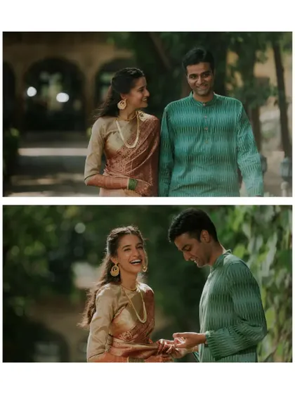 A collage showing a couple's candid laughter and a quiet walk. This captures the natural flow of a wedding day, from playful to serene.
