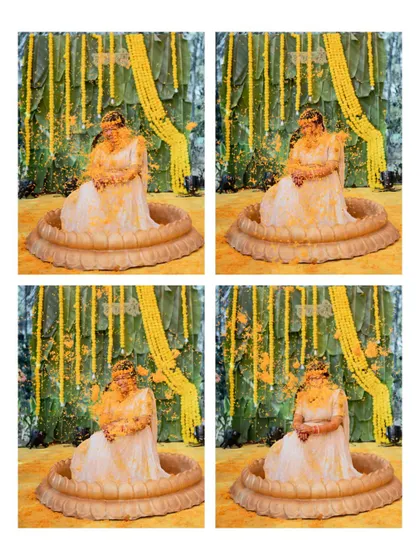 A sequence of four photos capturing the bride's reactions as she is showered with petals during her Haldi.