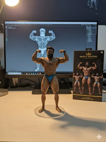 This 'Muscle Mastery' action figure captures the front double bicep pose. These figures represent the legacy I want to build in the world of bodybuilding.