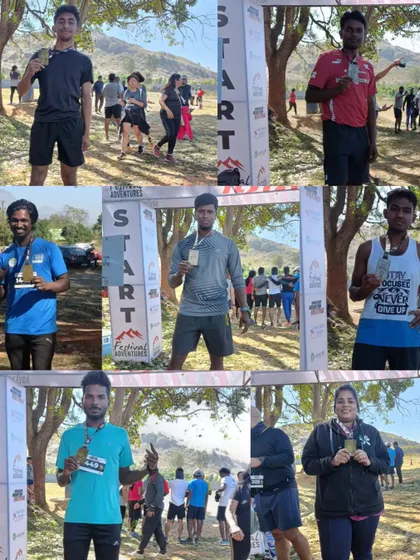 A collection of our athletes with their medals at the start/finish line. Each one represents a personal best and a conquered challenge.