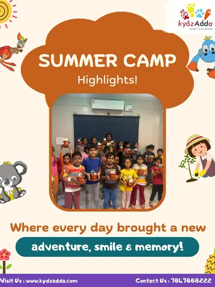 A graphic highlighting the adventures, smiles, and memories from our summer camp, featuring a group photo of kids with their plant saplings.