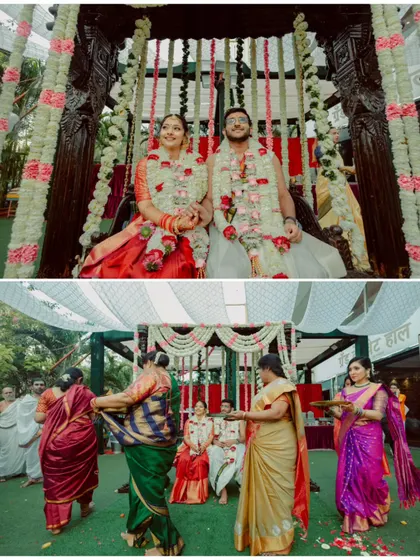 A collage showing the various rituals of a South Indian wedding, including the Oonjal or swing ceremony.