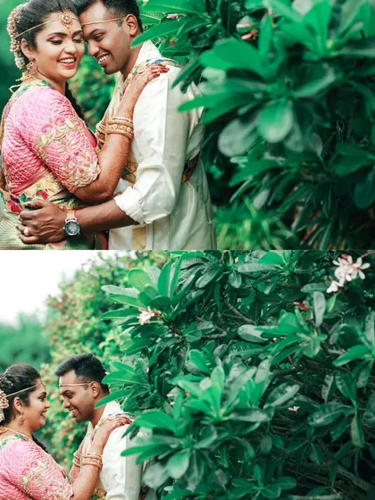 A romantic collage of the couple embracing amidst lush greenery, their smiles reflecting their happiness.