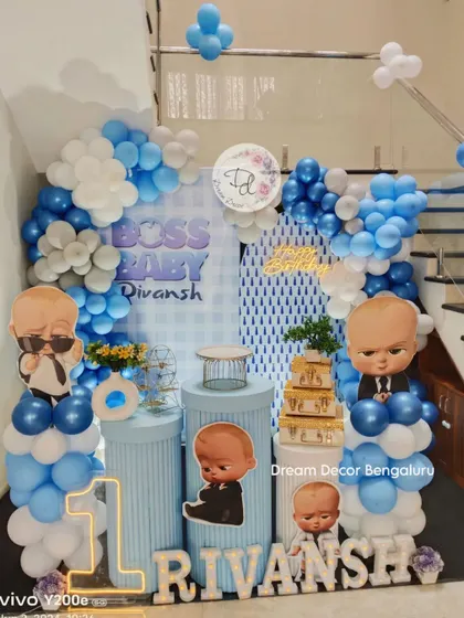 A complete Boss Baby setup with a custom backdrop, balloon arch, and themed props. We ensure every detail, down to the cake stands, fits the theme.