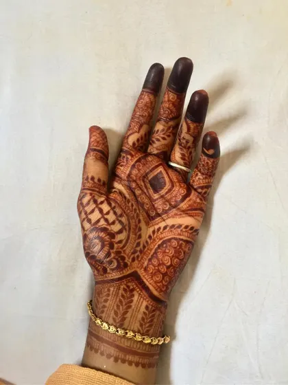 An intricate design covering the entire palm with geometric and traditional Indian mehndi elements. The fine lines and shaded areas show the control you get with my smooth henna paste.