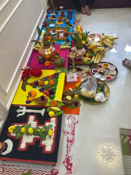The sacred setup for the housewarming puja at a 1BHK project in Vikhroli. I respect and incorporate the traditional values of my clients into every project.