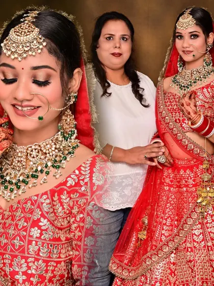 This student created a classic red bridal look with flawless skin and sparkling green jewelry. It's a joy to see them execute these looks so perfectly.