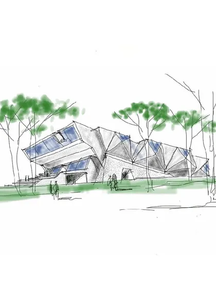 A concept sketch for the JNC Auditorium in Bangalore, exploring a faceted, crystalline form that emerges from the landscape.