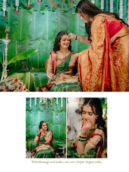 A collage capturing the bride's moments during her Saakharpuda, from receiving blessings to her shy, happy smiles. It’s a tribute to the bride's journey.