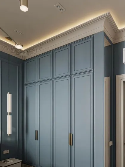 Another view of the classic blue bedroom render, showing the full-height paneled wardrobe.
