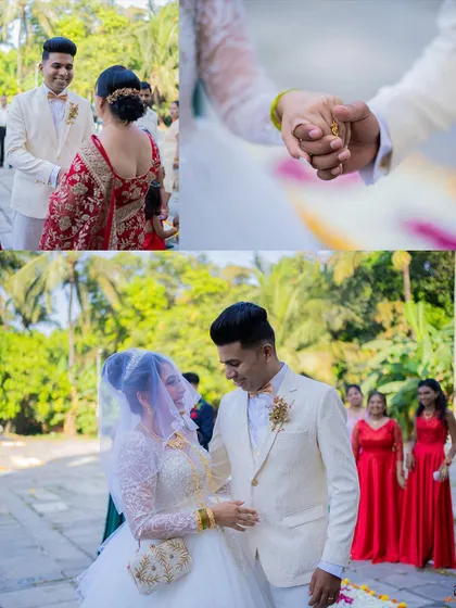 A collage showing the couple's interactions after the ceremony, including holding hands and the bride meeting the groom's family.
