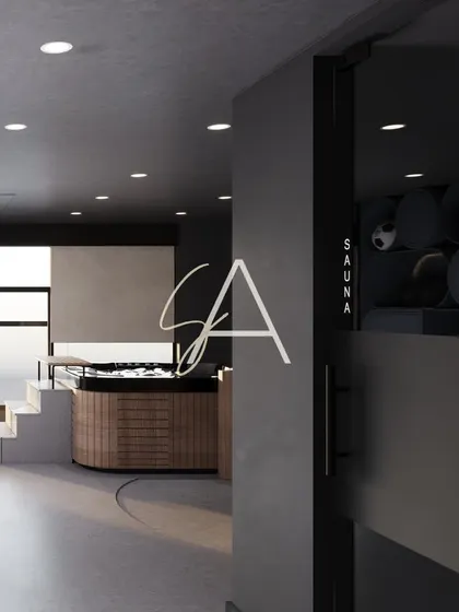 A peek into the wellness center, showing the relationship between the jacuzzi area and the custom 'SAUNA' and storage unit. The design uses a dark, cohesive palette to connect the different zones.