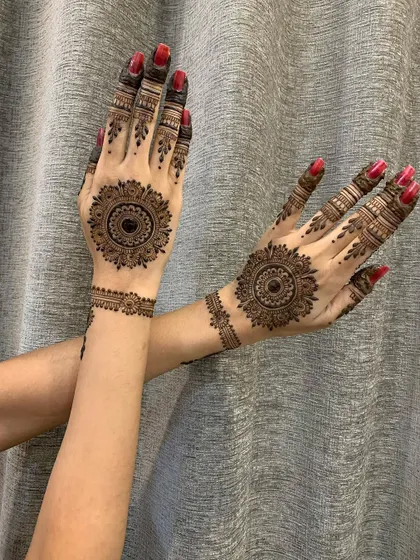 A lovely view of matching mandala designs with detailed finger work, perfect for any celebration.