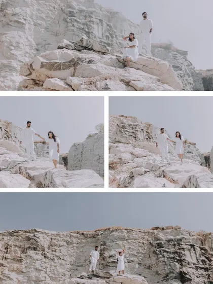 A collage of a couple in white outfits, walking and enjoying a playful time on the beach.