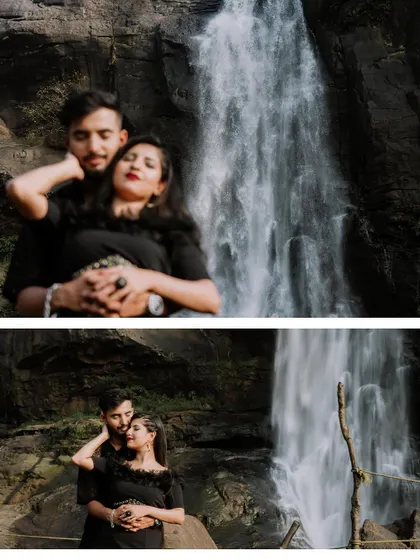 Duplicate of image 262, a collage of intimate moments by a waterfall.
