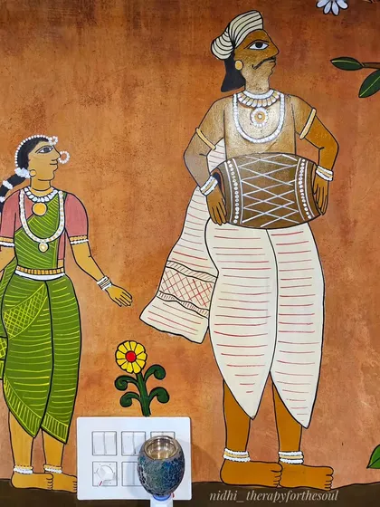 A close-up view of the musicians from the procession, showing the detail in their expressions and clothing, all hand-painted to capture the spirit of the art form.