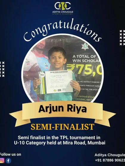 We congratulate Arjun Riya for reaching the semi-finals in the TPL tournament in the U-10 category. Our students consistently emerge as top contenders.