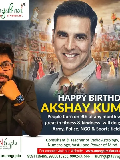 A numerological tribute to Akshay Kumar on his birthday. I explain how people born on the 9th, like him, are powerhouses of energy and often excel in fields like sports, army, and police.