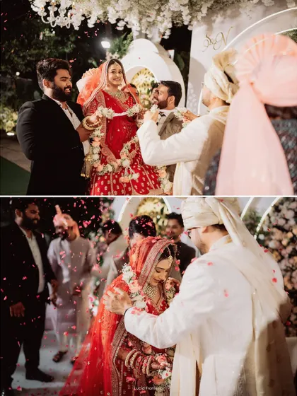 A diptych capturing the fun and chaos of the Varmala ceremony from different angles.