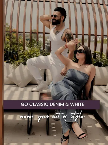 The classic denim and white combination never goes out of style. It's a versatile, cool, and comfortable look that works perfectly for modern, urban-themed pre-wedding shoots.