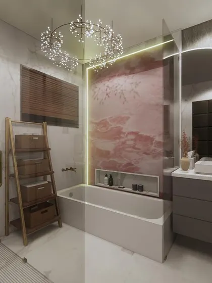 A luxurious bathroom concept I named 'The Pink Princess'. The design features a stunning pink onyx accent wall, a crystal-like chandelier over the tub, and a backlit mirror for a touch of glamour.