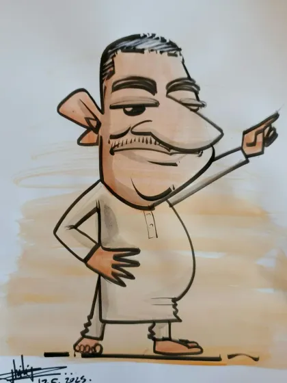 This caricature captures a strong and confident pose, inspired by the reference photo.