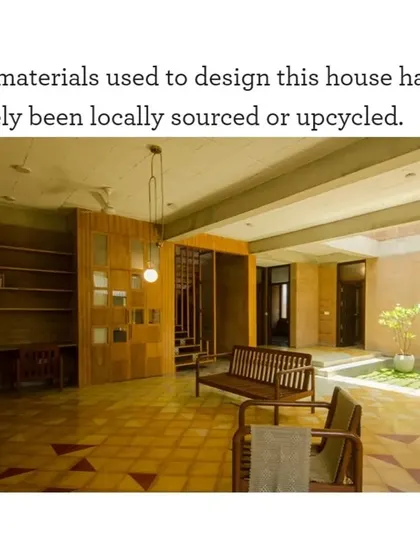 A publication image showing the living room of "Breathe," noting that materials were largely locally sourced or upcycled, a core tenet of my design practice.