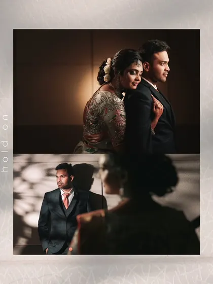 A pair of beautifully lit, intimate portraits of the couple at their reception, showcasing their elegant attire and deep connection.