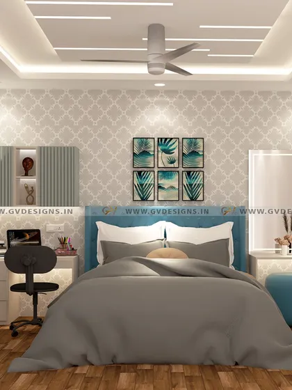 This bedroom combines a serene off-white and blue color palette with functional design. The space includes a study desk with fluted laminate wall cabinets and a separate dressing unit with an LED mirror and open-lit shelving.