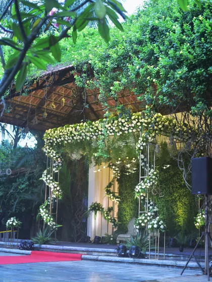 An elegant floral archway made of white flowers, set in a lush green outdoor venue. This creates a beautiful contrast and a perfect photo opportunity.