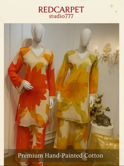 A premium hand-painted cotton set, perfect for sunny days. This straight-cut kurta with palazzo pants is available in vibrant marigold yellow and fiery orange floral prints.
