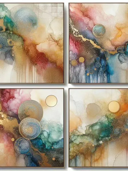 A collection of four-panel artworks created with colorful alcohol inks and gold leaf accents. These sets offer a vibrant and ethereal quality, perfect for dining rooms or bedrooms where you want a splash of color and light.
