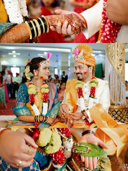 A collage of the sacred rituals from a Hindu wedding, including the tying of the mangalsutra and holding hands.