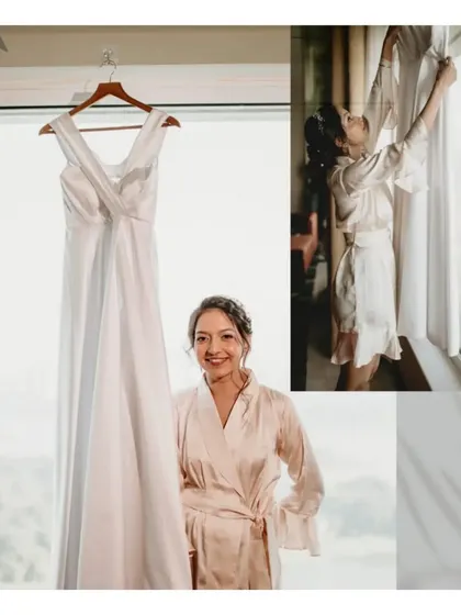 A collage showing the bride getting ready, from her silk robe to her beautiful white wedding gown hanging in the window.
