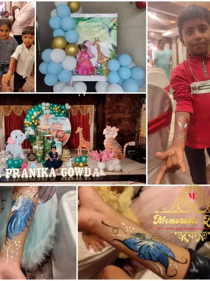 A collage showcasing our jungle theme decorations and the fun face and arm painting we provide.