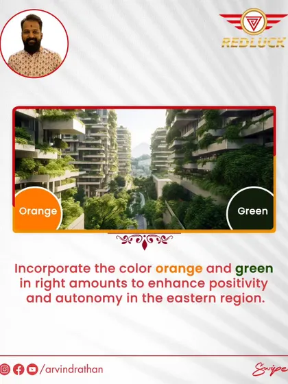 Incorporate the colors orange and green in the eastern region to enhance positivity and autonomy.