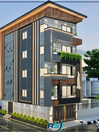 An example of our architectural elevation design for a private residence in Delhi. We combine materials like wood, stone, and glass with modern design principles to create a striking and unique building facade.