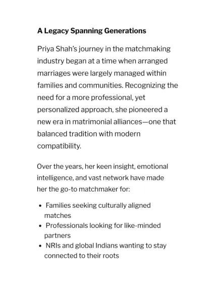 The Tribune celebrated my 30-plus year legacy of love and trust, resulting in over 12,000 successful marriages. The article highlights my role as a go-to matchmaker for families seeking culturally aligned partners and professionals looking for like-minded individuals.