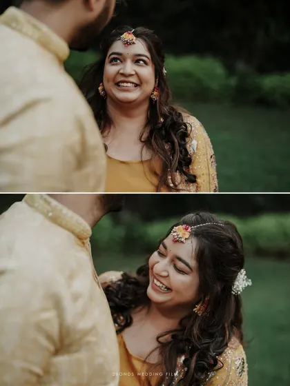 A close-up diptych capturing the bride's beautiful, laughing expressions as she looks at her groom during the Haldi ceremony.