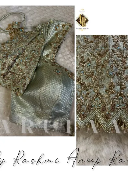 A pastel green blouse with dense, all-over zardosi embroidery. I extracted the motif from the saree's border to create this custom cutwork design for the sleeves.