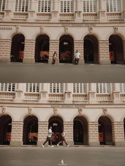 A two-panel collage showing both a wide, architectural shot and a dynamic walking shot from the same location.