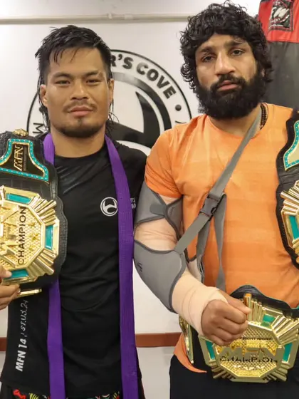 Two of our champions, side by side with their belts. They are a testament to the fact that we are the premier destination for serious fighters in India.