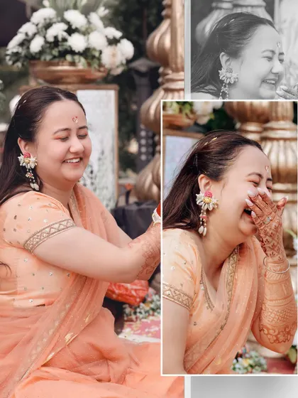 A collage of the bride's laughter during her Haldi, capturing pure, unscripted joy.