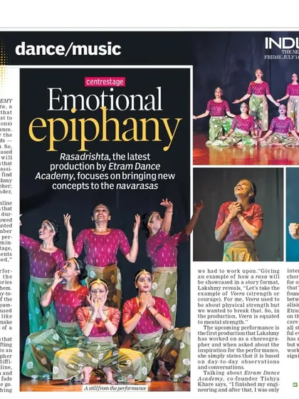 We were thrilled to see our production 'Rasadrishta' featured in The New Indian Express, recognizing our work in bringing new concepts to classical dance.