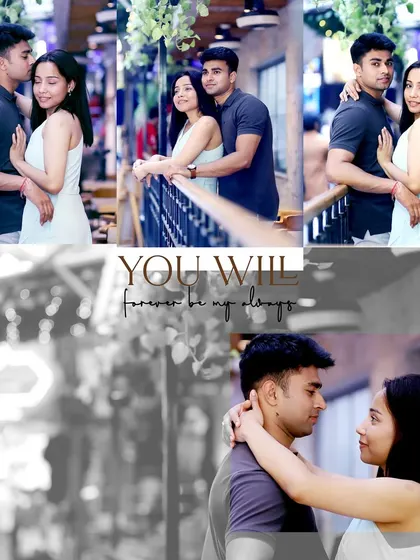 This pre-wedding collage captures candid, intimate moments in a casual, urban setting. It shows the couple's comfortable and affectionate bond, perfect for social media sharing.