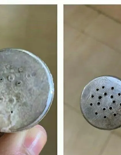 A before and after view of a cleaned shower head. This simple repair is a great first project for any aspiring young tinkerers in our plumbing module.