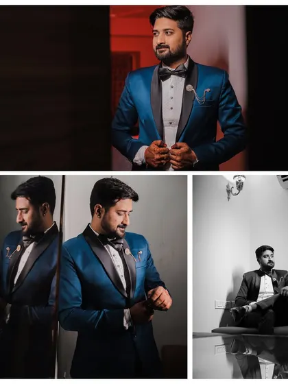 A series of portraits showcasing the groom's sharp look for the Sangeet night. We capture him getting ready, highlighting his stylish blue tuxedo and confident demeanor.