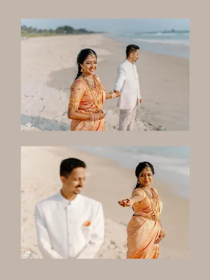A collage of artistic shots from a beachside pre-wedding shoot. The focus on the couple's connection and the beautiful coastal scenery makes for a memorable collection.